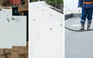 Side-by-side images of a TPO flat roof, a white metal commercial roof, and a contractor applying a protective coating on a flat roof.