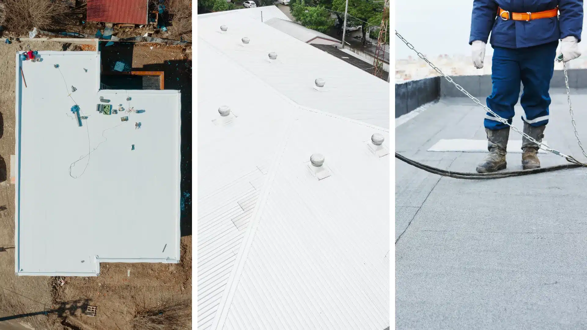 untitled design (42) Side-by-side images of a TPO flat roof, a white metal commercial roof, and a contractor applying a protective coating on a flat roof.